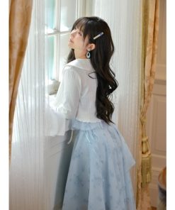 花柄ピーターパンカラーホワイトベルスリーブトップ