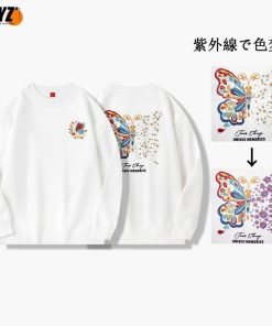 紫外線で色変化 2color スウェット 刺繍 蝶々 男女兼用 メンズ ブラック ホワイト コットン