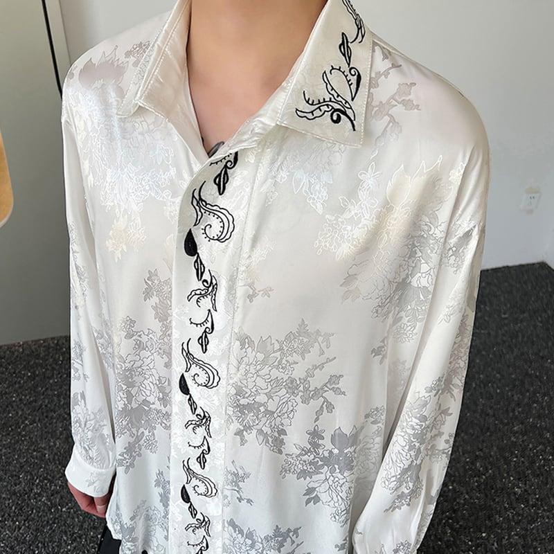 刺繍 2color トップス 長袖シャツ 男女兼用 メンズ ゆったり ブラック ホワイト - 画像 (2)