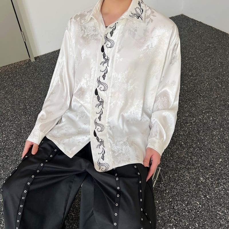 刺繍 2color トップス 長袖シャツ 男女兼用 メンズ ゆったり ブラック ホワイト - 画像 (3)