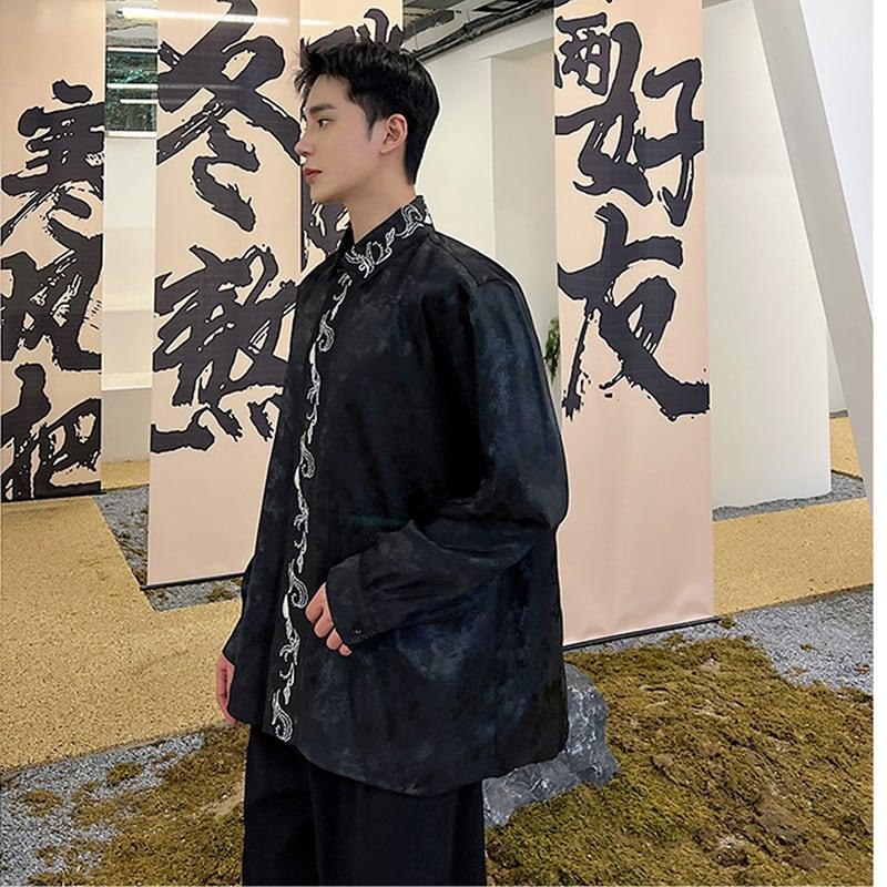 刺繍 2color トップス 長袖シャツ 男女兼用 メンズ ゆったり ブラック ホワイト - 画像 (5)