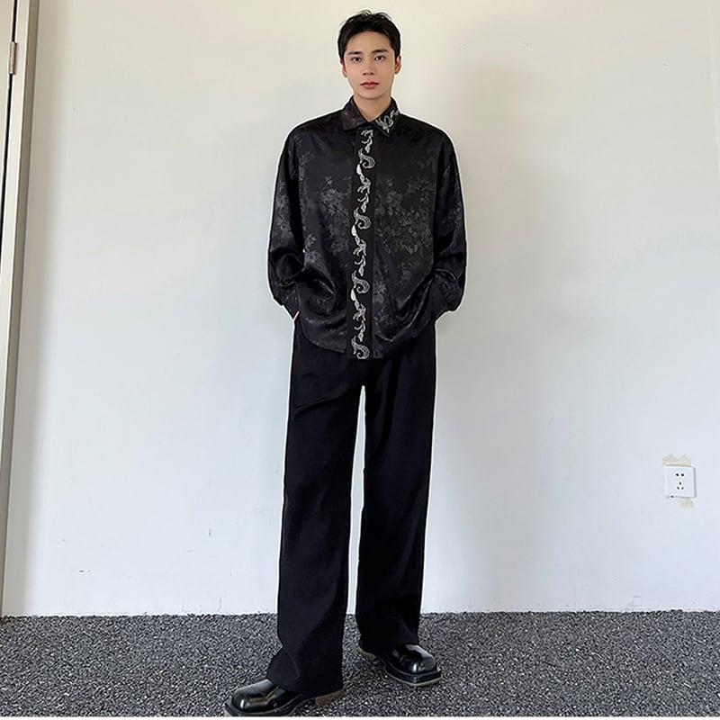 刺繍 2color トップス 長袖シャツ 男女兼用 メンズ ゆったり ブラック ホワイト - 画像 (6)