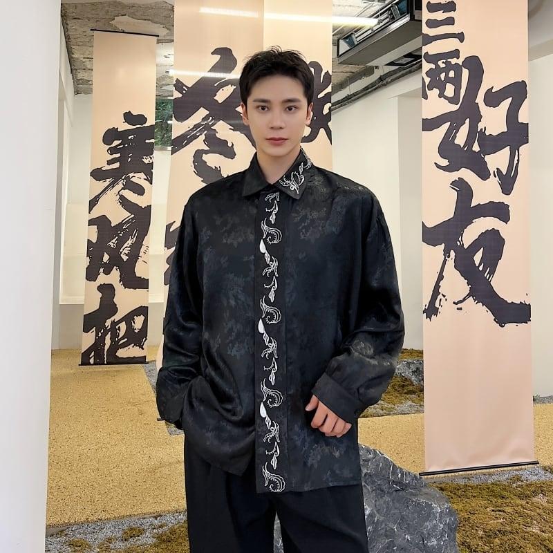 刺繍 2color トップス 長袖シャツ 男女兼用 メンズ ゆったり ブラック ホワイト - 画像 (7)