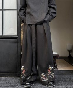 刺繍 2color ガウチョパンツ ボトムス 男女兼用 メンズ ブラック ベージュ