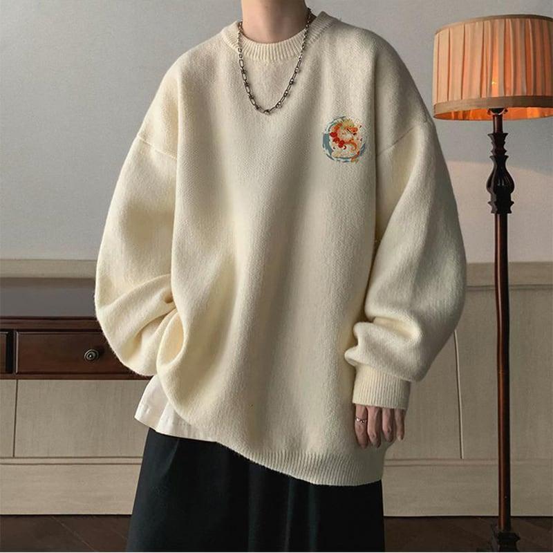 4color ニットトップス 龍 龍柄 男女兼用 メンズ ブラック アプリコット ダークグレー コーヒー色