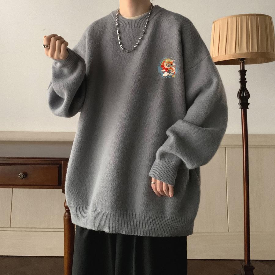 4color ニットトップス 龍 龍柄 男女兼用 メンズ ブラック アプリコット ダークグレー コーヒー色 - 画像 (2)