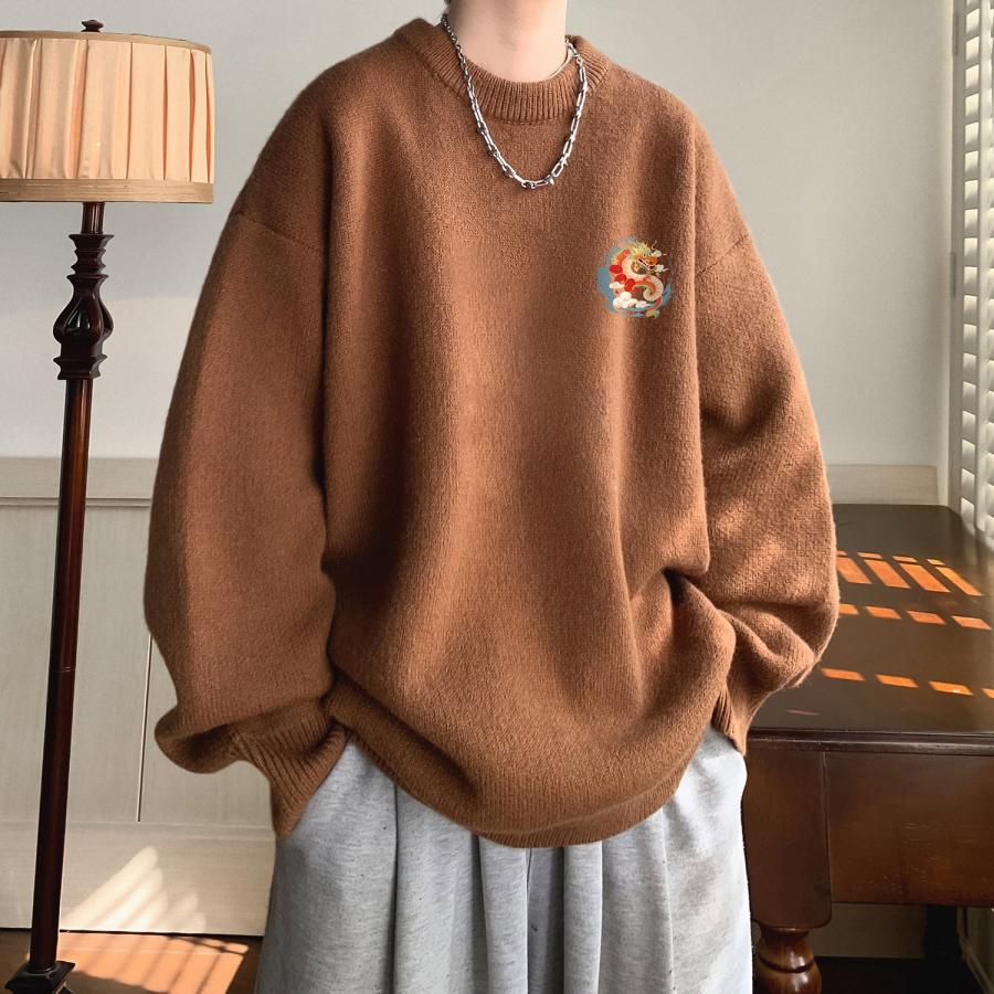 4color ニットトップス 龍 龍柄 男女兼用 メンズ ブラック アプリコット ダークグレー コーヒー色 - 画像 (3)