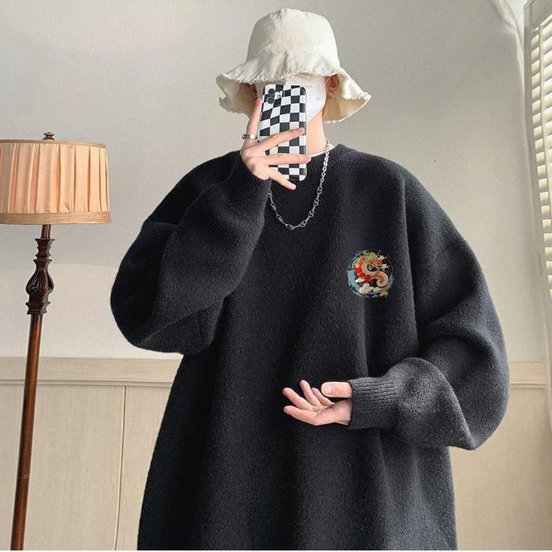 4color ニットトップス 龍 龍柄 男女兼用 メンズ ブラック アプリコット ダークグレー コーヒー色 - 画像 (4)