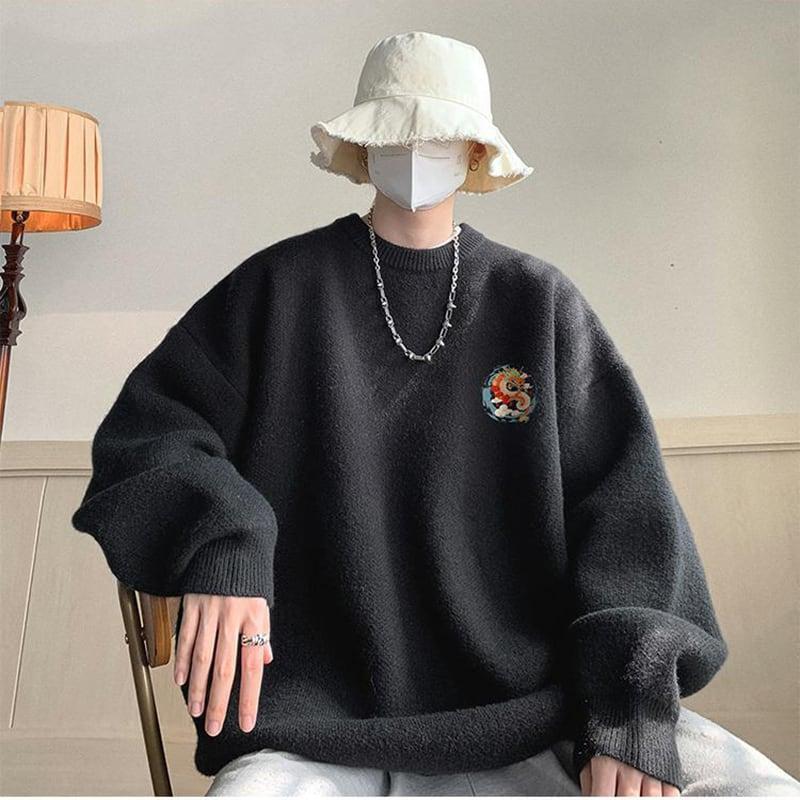 4color ニットトップス 龍 龍柄 男女兼用 メンズ ブラック アプリコット ダークグレー コーヒー色 - 画像 (6)