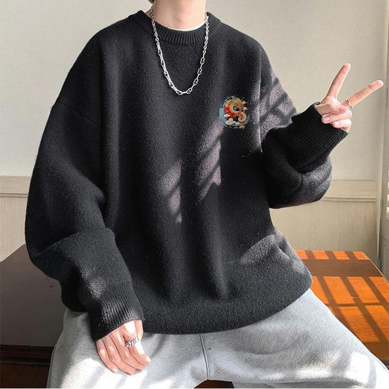 4color ニットトップス 龍 龍柄 男女兼用 メンズ ブラック アプリコット ダークグレー コーヒー色 - 画像 (7)