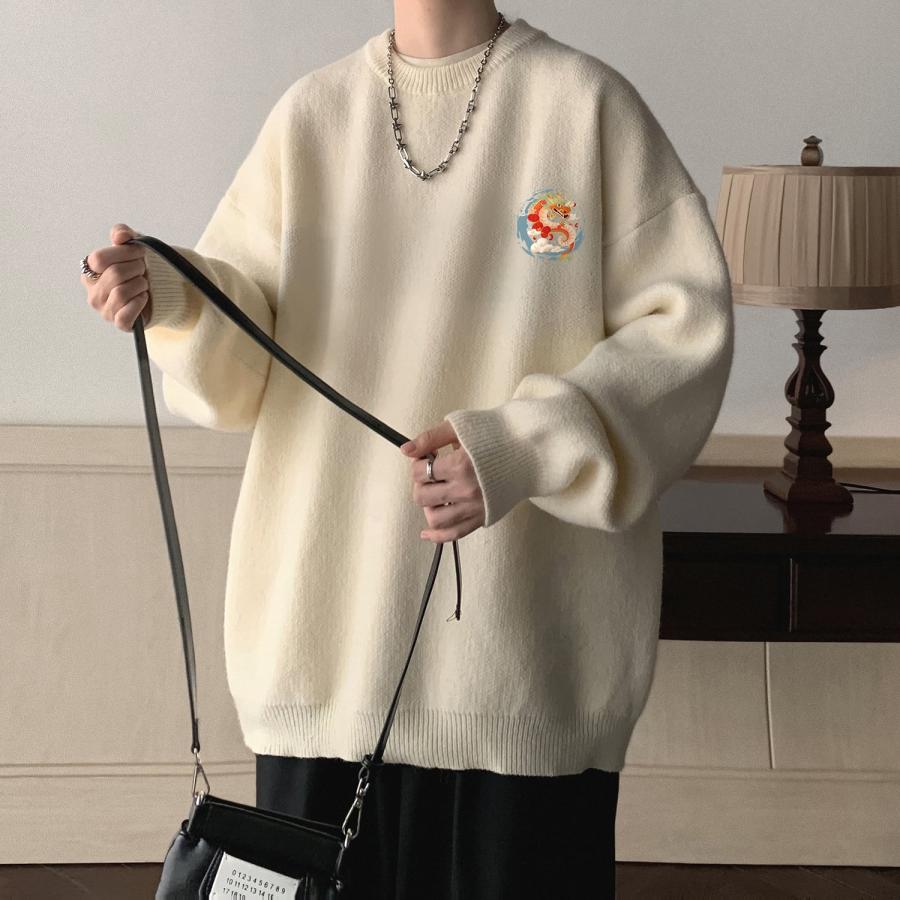 4color ニットトップス 龍 龍柄 男女兼用 メンズ ブラック アプリコット ダークグレー コーヒー色 - 画像 (9)