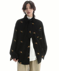 2color 刺繍 長袖シャツ トップス コーデュロイ 男女兼用 メンズ