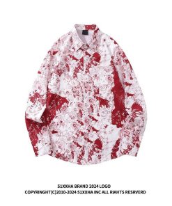 2color トップス 長袖シャツ 男女兼用 メンズ プリント レッド ブラック