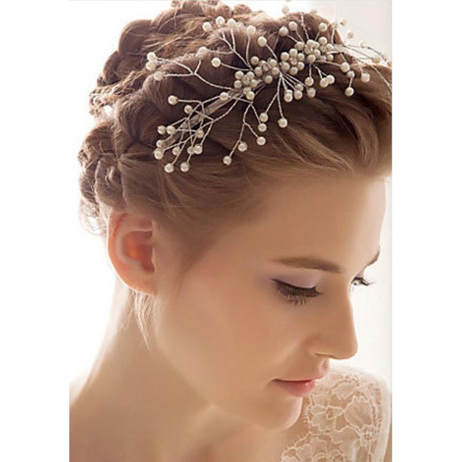 ヘアアクセサリー パール ボンネ 2色 ヘッドドレス ヘアーアクセサリー ウェディング ウエディング パーティー 小物 花嫁 結婚式 挙式 披露宴 二次会 お呼ばれ - 画像 (2)