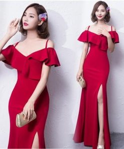 ロングドレス フリル オフショルデザイン 上品マキシワンピース（レッド）