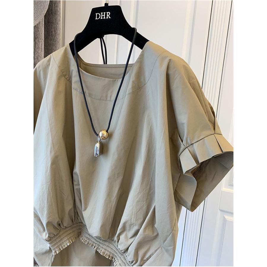 セール ブラウス 半袖 レディース シャツ トップス 切替 カットソー 重ね着 流行り 通勤 春夏 Tシャツ 柔らかい チュニック ふわっと - 画像 (5)