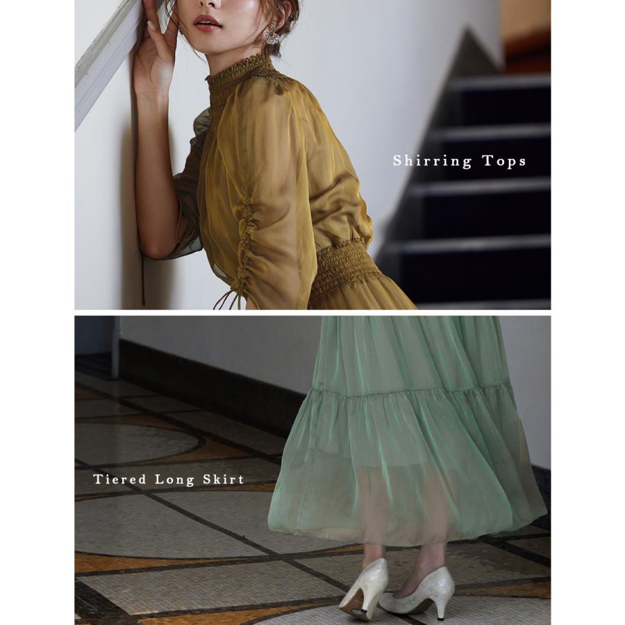 niana 結婚式 ワンピース パーティードレス シアー 透け感 シースルー ティアード ロング シンプル シャーリング 袖 ハイネック 体型カバー ミモレ丈 長袖 袖あり - 画像 (2)