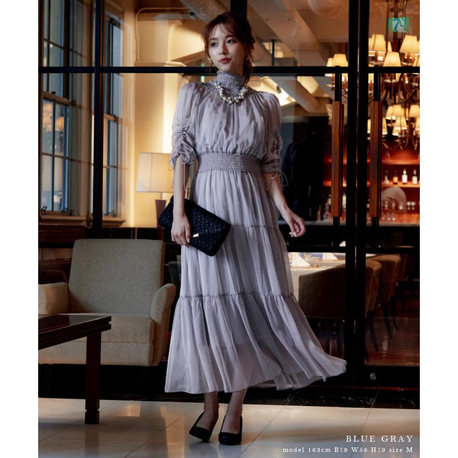 niana 結婚式 ワンピース パーティードレス シアー 透け感 シースルー ティアード ロング シンプル シャーリング 袖 ハイネック 体型カバー ミモレ丈 長袖 袖あり - 画像 (3)