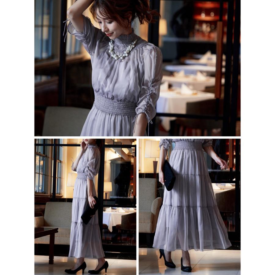 niana 結婚式 ワンピース パーティードレス シアー 透け感 シースルー ティアード ロング シンプル シャーリング 袖 ハイネック 体型カバー ミモレ丈 長袖 袖あり - 画像 (4)