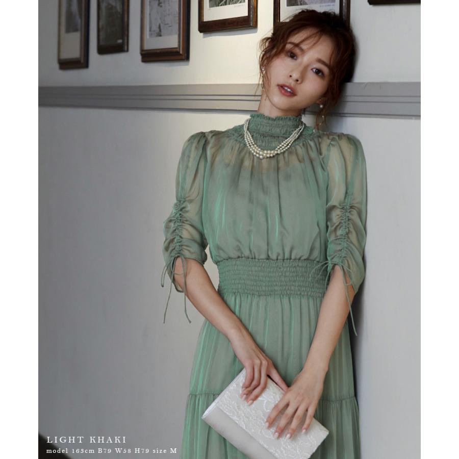 niana 結婚式 ワンピース パーティードレス シアー 透け感 シースルー ティアード ロング シンプル シャーリング 袖 ハイネック 体型カバー ミモレ丈 長袖 袖あり - 画像 (6)