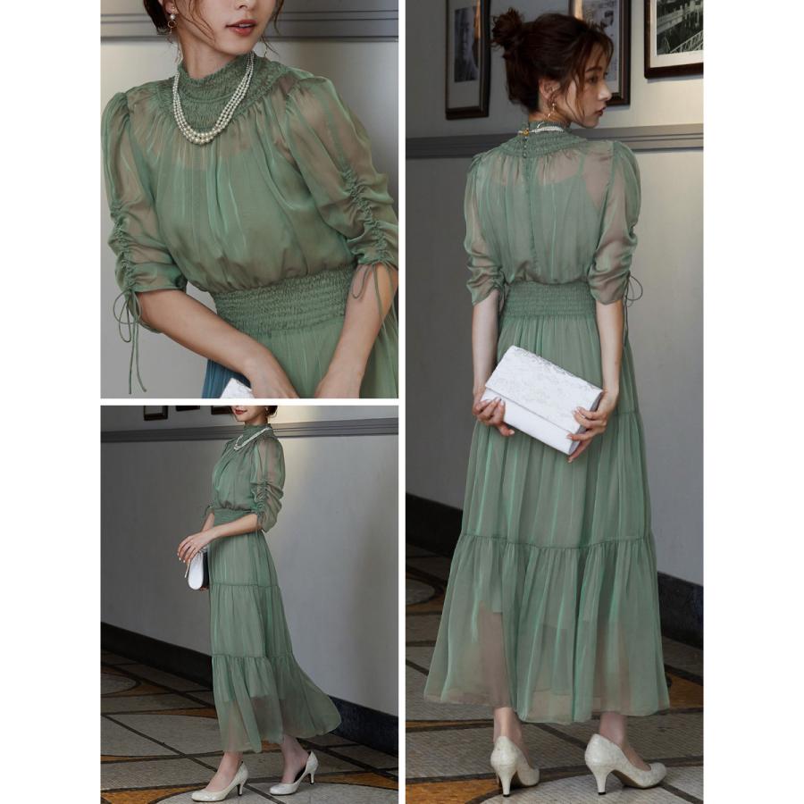 niana 結婚式 ワンピース パーティードレス シアー 透け感 シースルー ティアード ロング シンプル シャーリング 袖 ハイネック 体型カバー ミモレ丈 長袖 袖あり - 画像 (7)