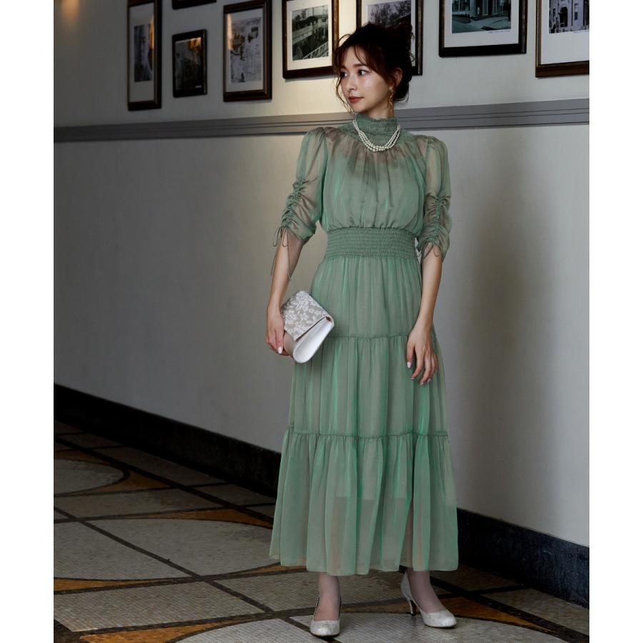 niana 結婚式 ワンピース パーティードレス シアー 透け感 シースルー ティアード ロング シンプル シャーリング 袖 ハイネック 体型カバー ミモレ丈 長袖 袖あり - 画像 (8)