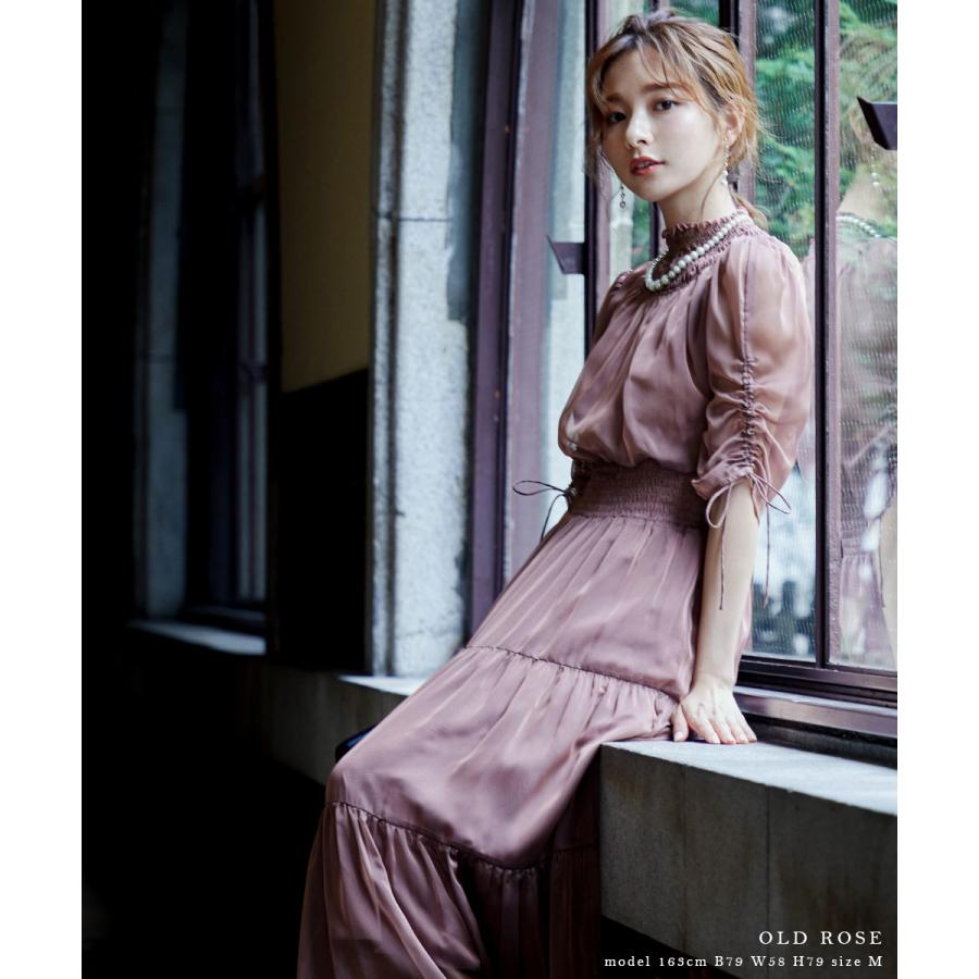 niana 結婚式 ワンピース パーティードレス シアー 透け感 シースルー ティアード ロング シンプル シャーリング 袖 ハイネック 体型カバー ミモレ丈 長袖 袖あり - 画像 (9)