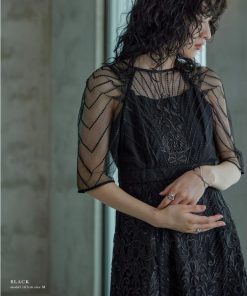 niana 結婚式 ワンピース パーティードレス レース 総レース 刺繍 ロング丈 ボリューム袖 袖あり 5分袖 半袖 スカート シアー 透け感 フレア ロングドレス