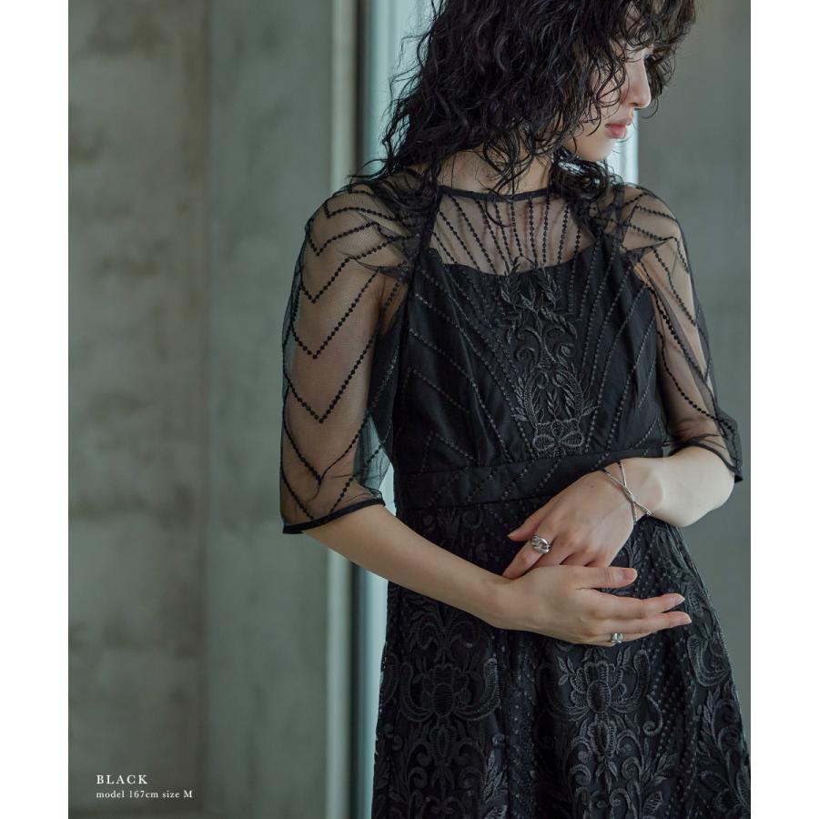 niana 結婚式 ワンピース パーティードレス レース 総レース 刺繍 ロング丈 ボリューム袖 袖あり 5分袖 半袖 スカート シアー 透け感 フレア ロングドレス