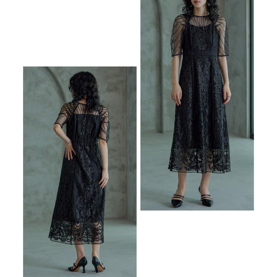 niana 結婚式 ワンピース パーティードレス レース 総レース 刺繍 ロング丈 ボリューム袖 袖あり 5分袖 半袖 スカート シアー 透け感 フレア ロングドレス - 画像 (2)