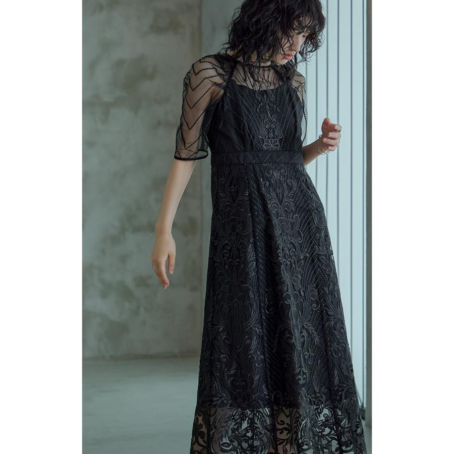 niana 結婚式 ワンピース パーティードレス レース 総レース 刺繍 ロング丈 ボリューム袖 袖あり 5分袖 半袖 スカート シアー 透け感 フレア ロングドレス - 画像 (3)