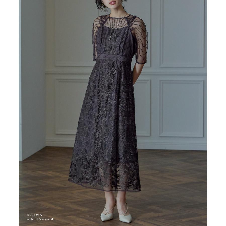 niana 結婚式 ワンピース パーティードレス レース 総レース 刺繍 ロング丈 ボリューム袖 袖あり 5分袖 半袖 スカート シアー 透け感 フレア ロングドレス - 画像 (4)