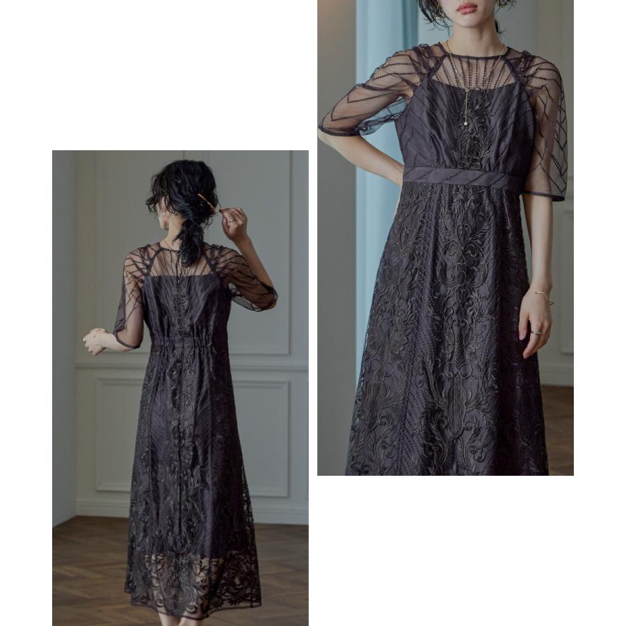 niana 結婚式 ワンピース パーティードレス レース 総レース 刺繍 ロング丈 ボリューム袖 袖あり 5分袖 半袖 スカート シアー 透け感 フレア ロングドレス - 画像 (5)