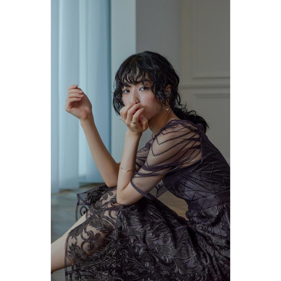 niana 結婚式 ワンピース パーティードレス レース 総レース 刺繍 ロング丈 ボリューム袖 袖あり 5分袖 半袖 スカート シアー 透け感 フレア ロングドレス - 画像 (6)