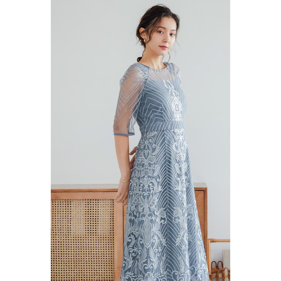 niana 結婚式 ワンピース パーティードレス レース 総レース 刺繍 ロング丈 ボリューム袖 袖あり 5分袖 半袖 スカート シアー 透け感 フレア ロングドレス - 画像 (9)