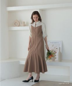 niana 結婚式 ワンピース パーティードレス レイヤード ブラウス ドッキング ボリューム袖 マーメイドスカート フレア ロング丈 五分袖 七分袖 春夏 秋冬