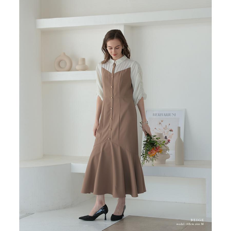 niana 結婚式 ワンピース パーティードレス レイヤード ブラウス ドッキング ボリューム袖 マーメイドスカート フレア ロング丈 五分袖 七分袖 春夏 秋冬