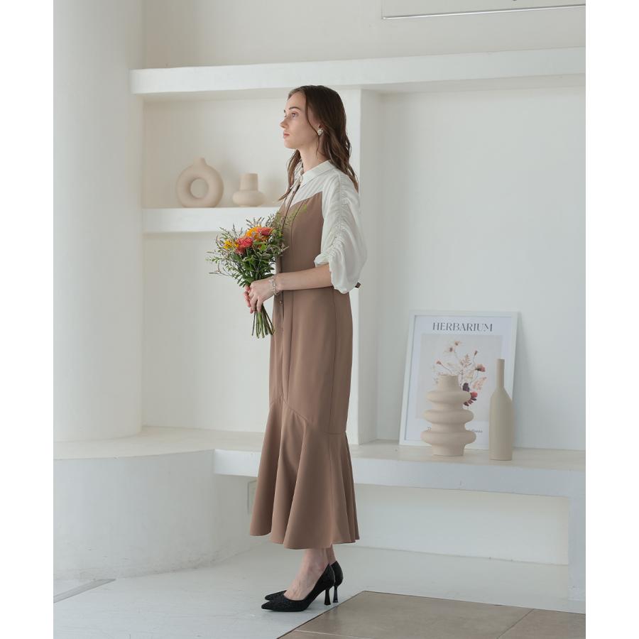 niana 結婚式 ワンピース パーティードレス レイヤード ブラウス ドッキング ボリューム袖 マーメイドスカート フレア ロング丈 五分袖 七分袖 春夏 秋冬 - 画像 (2)