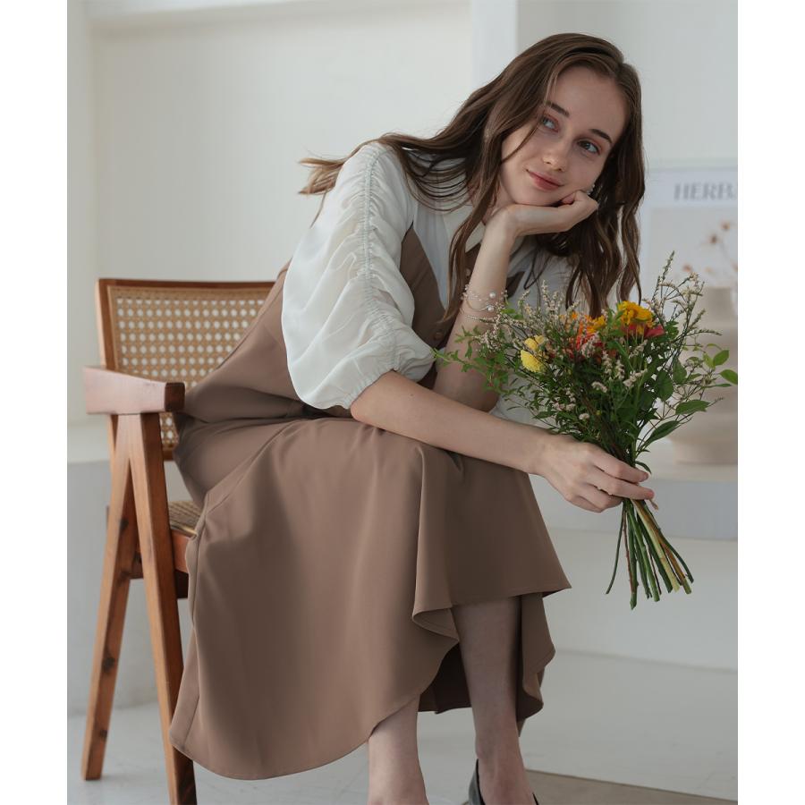 niana 結婚式 ワンピース パーティードレス レイヤード ブラウス ドッキング ボリューム袖 マーメイドスカート フレア ロング丈 五分袖 七分袖 春夏 秋冬 - 画像 (3)