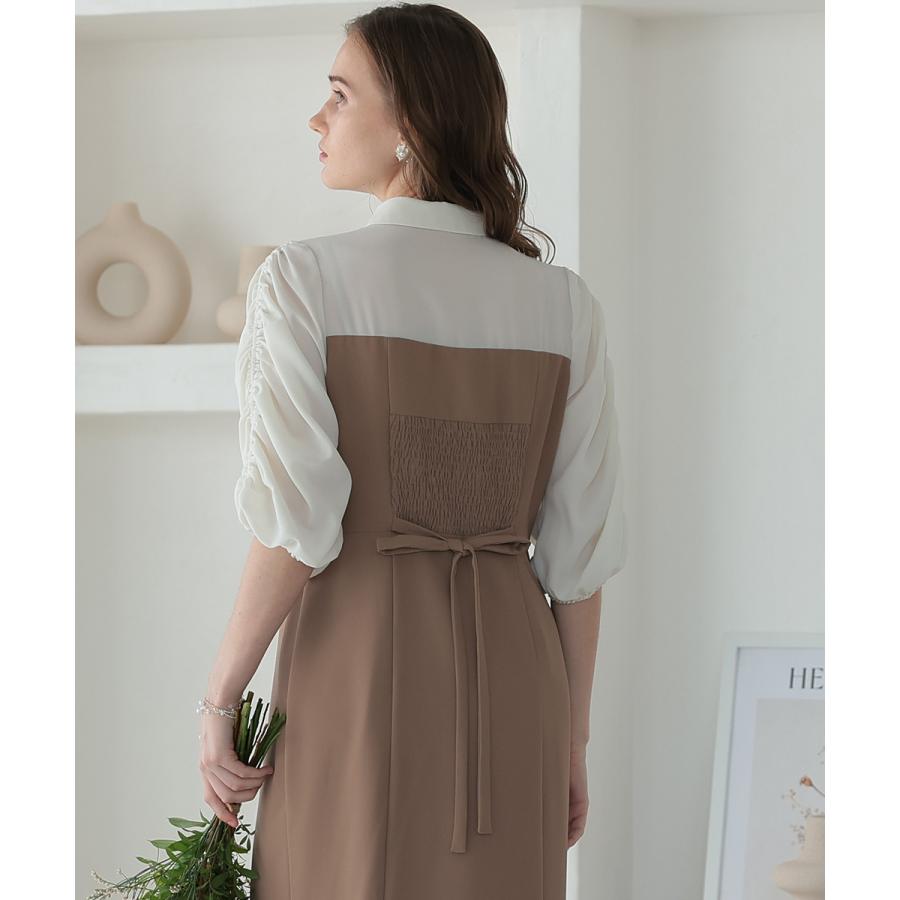 niana 結婚式 ワンピース パーティードレス レイヤード ブラウス ドッキング ボリューム袖 マーメイドスカート フレア ロング丈 五分袖 七分袖 春夏 秋冬 - 画像 (4)