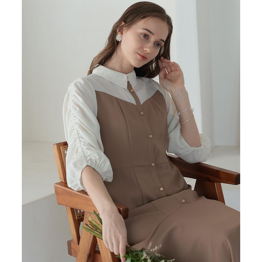 niana 結婚式 ワンピース パーティードレス レイヤード ブラウス ドッキング ボリューム袖 マーメイドスカート フレア ロング丈 五分袖 七分袖 春夏 秋冬 - 画像 (5)