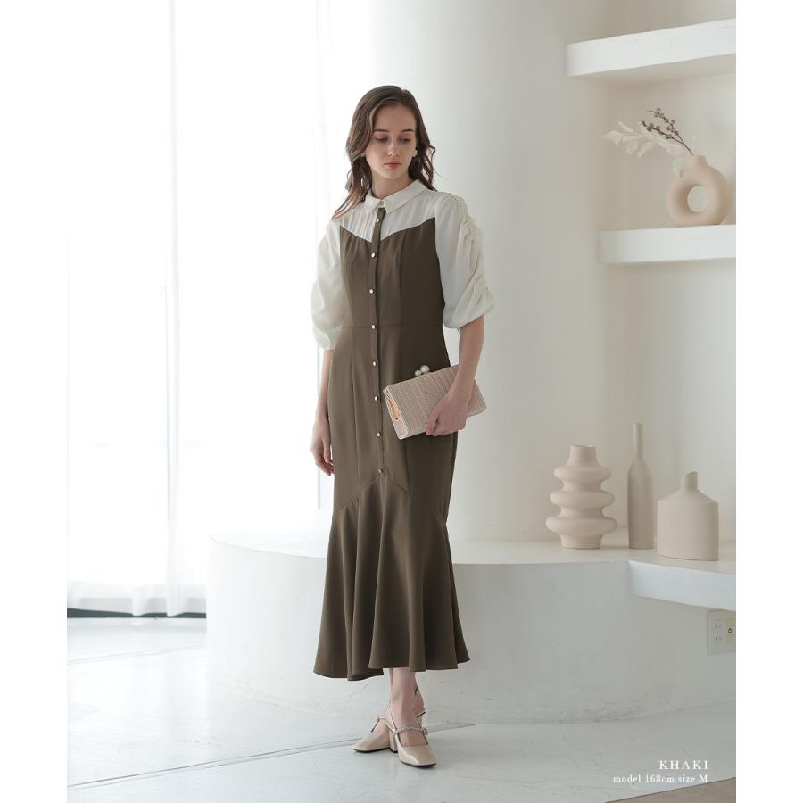 niana 結婚式 ワンピース パーティードレス レイヤード ブラウス ドッキング ボリューム袖 マーメイドスカート フレア ロング丈 五分袖 七分袖 春夏 秋冬 - 画像 (6)