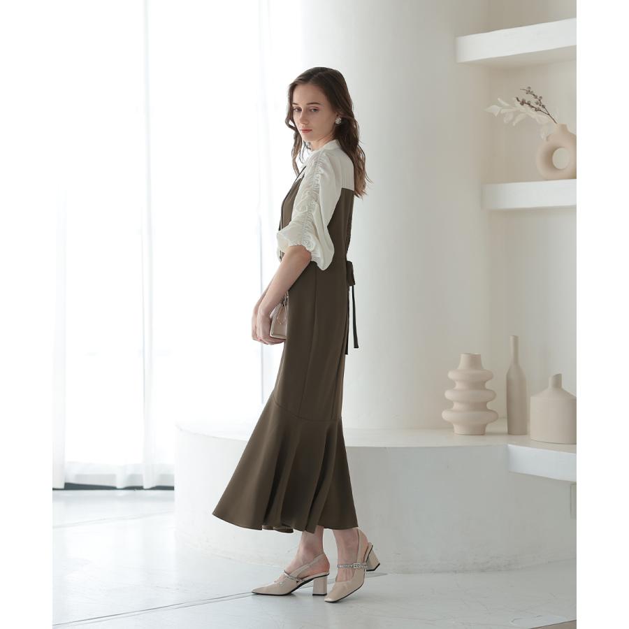 niana 結婚式 ワンピース パーティードレス レイヤード ブラウス ドッキング ボリューム袖 マーメイドスカート フレア ロング丈 五分袖 七分袖 春夏 秋冬 - 画像 (7)