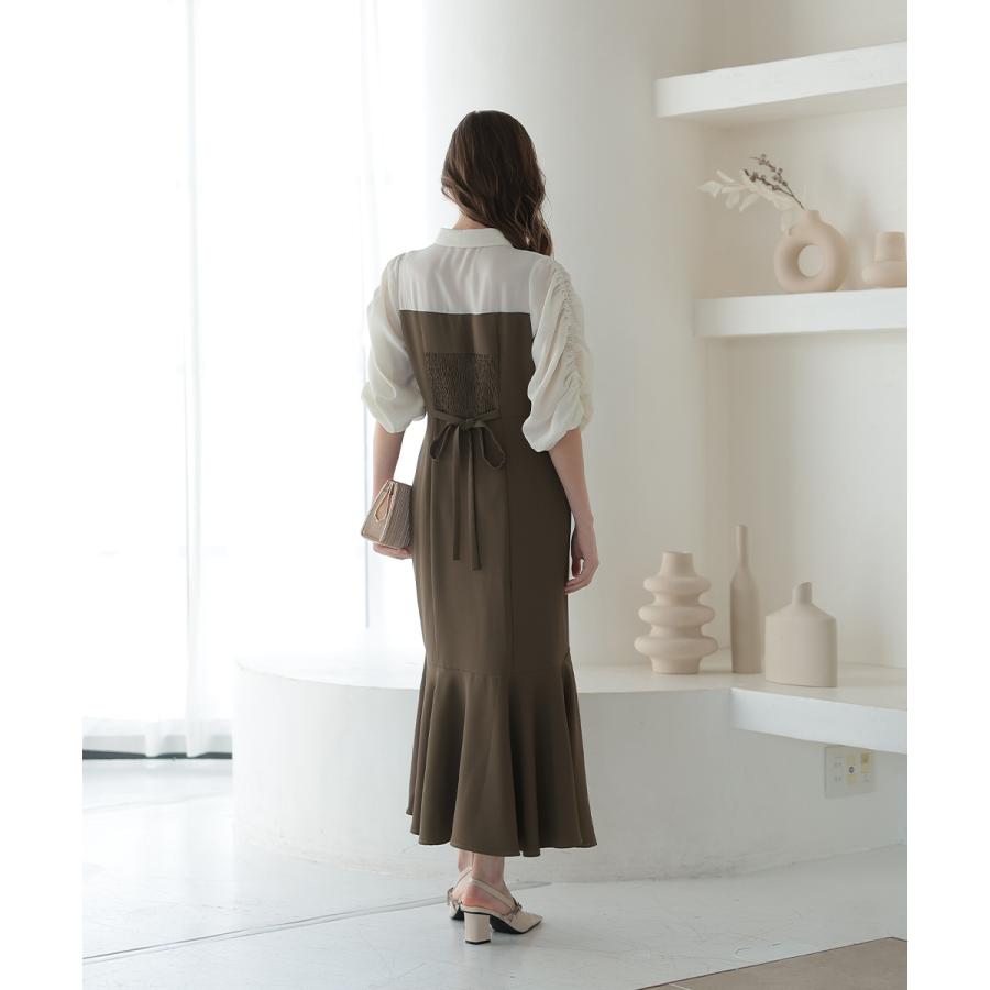 niana 結婚式 ワンピース パーティードレス レイヤード ブラウス ドッキング ボリューム袖 マーメイドスカート フレア ロング丈 五分袖 七分袖 春夏 秋冬 - 画像 (8)