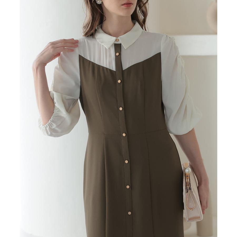 niana 結婚式 ワンピース パーティードレス レイヤード ブラウス ドッキング ボリューム袖 マーメイドスカート フレア ロング丈 五分袖 七分袖 春夏 秋冬 - 画像 (9)