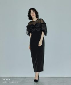 niana フロッキードットワンピース パーティードレス 結婚式 チュール 水玉 ビスチェ Iライン タイト パフスリーブ