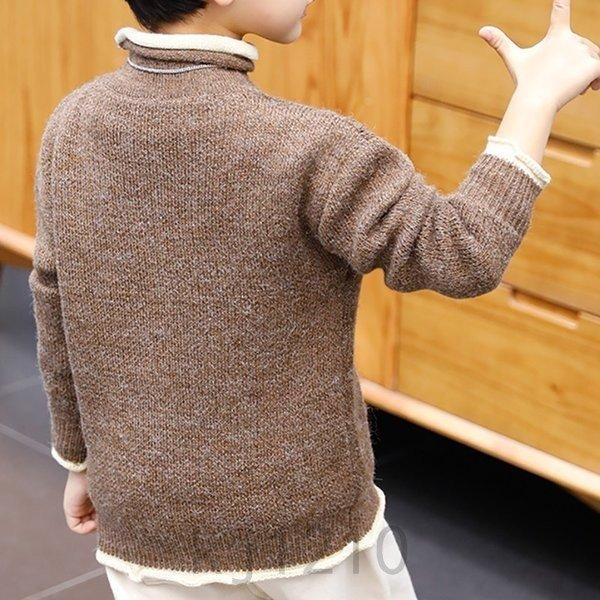 子供服男の子セーター学生ニットカーディガン厚手カーディガンカットソー長袖ハイカラー無地セーター暖かい - 画像 (2)