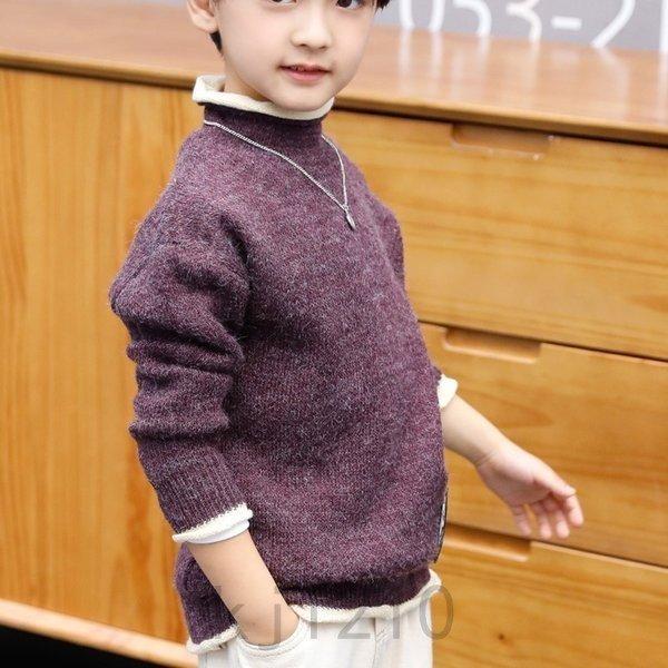 子供服男の子セーター学生ニットカーディガン厚手カーディガンカットソー長袖ハイカラー無地セーター暖かい - 画像 (4)