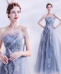 ANGEL ベアトップ ラメ チュール プリーツ フリル ビーズ 背中編上げ Aライン ロングドレス グレー 灰色 ロング ドレス パーティードレス