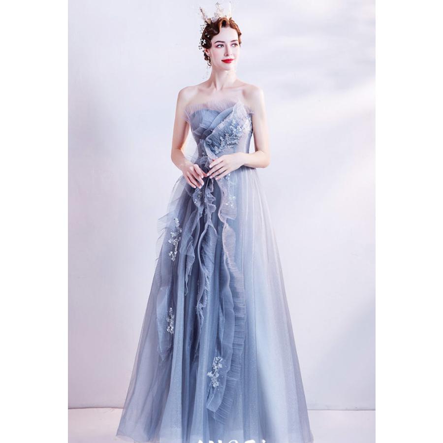 ANGEL ベアトップ ラメ チュール プリーツ フリル ビーズ 背中編上げ Aライン ロングドレス グレー 灰色 ロング ドレス パーティードレス - 画像 (2)